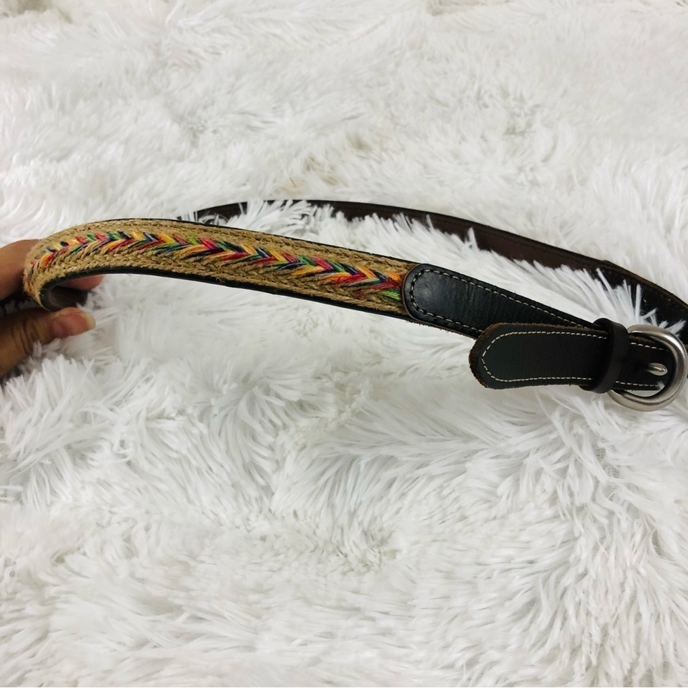 Colorful woven and brown leather belt 36.5” long. Cute and trendy! 90’s vintage!